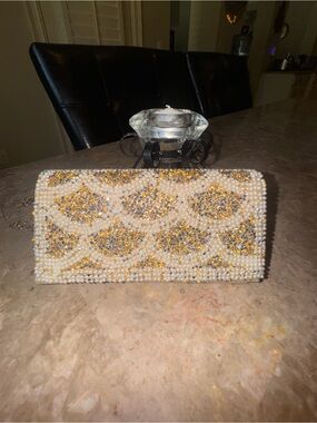 Beaded Pearl and Gold Evening Clutch